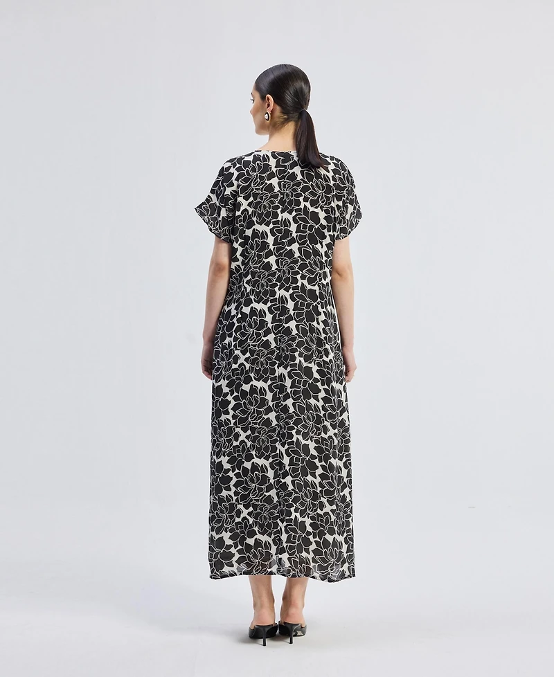 Reistor Women's Deep V-neck Maxi Dress with Front Gathers Black Florals