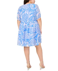 Msk Plus Printed Tie-Neck Puff-Sleeve Dress