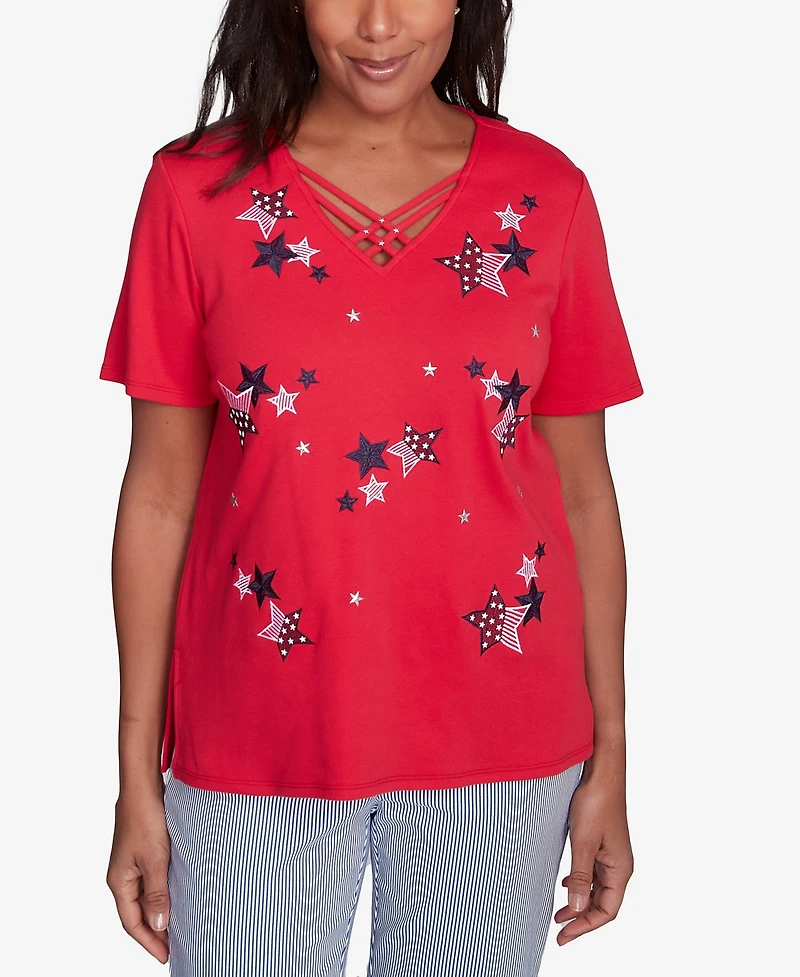 Alfred Dunner Petite Land of The Free Embroidered Stars Crisscross V-Neck Top