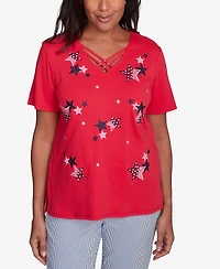 Alfred Dunner Petite Land of The Free Embroidered Stars Crisscross V-Neck Top
