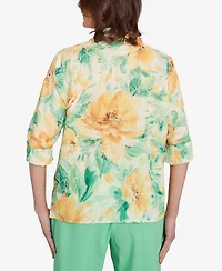Alfred Dunner Petite Rise & Shine Watercolor Floral Tie Sleeve Button Down Top