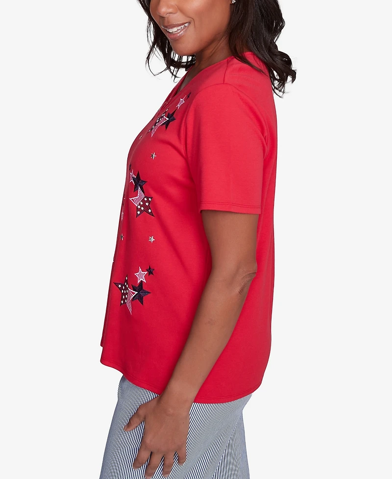 Alfred Dunner Petite Land of The Free Embroidered Stars Crisscross V-Neck Top