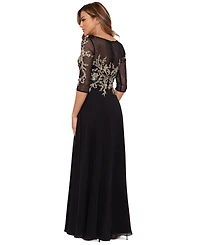 Betsy & Adam Embroidered 3/4-Sleeve Gown