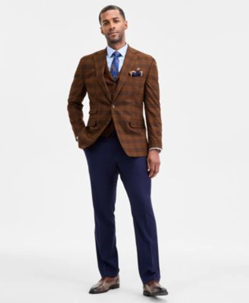 Tayion Collection Mens Classic Fit Plaid Suit Separate Jacket Vest