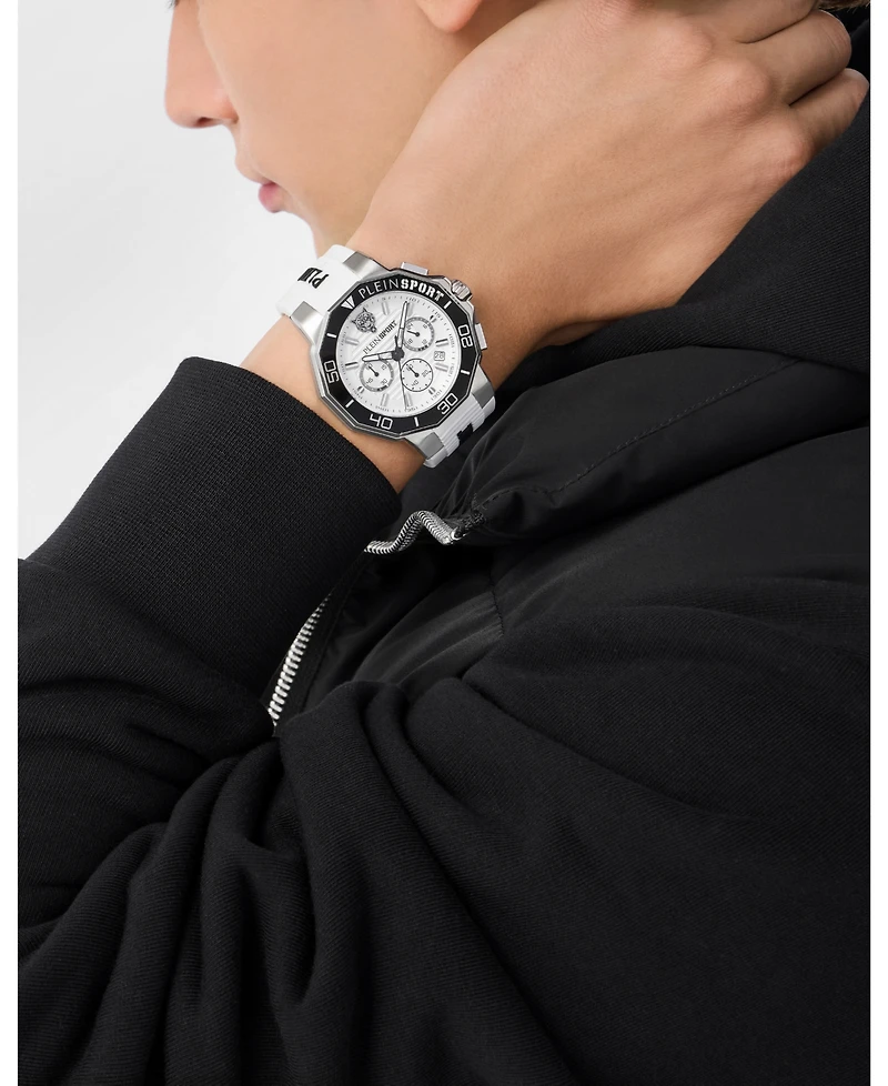 Plein Sport Men's Titan Chronograph Date Quartz White Silicone Strap Watch, 46mm