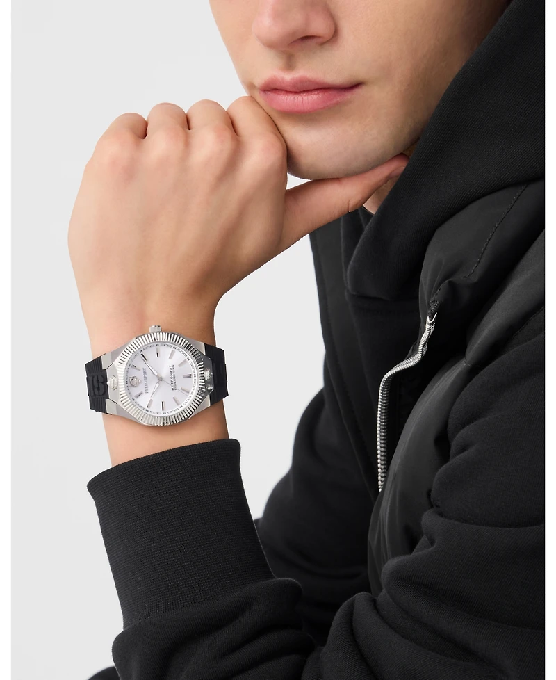 Plein Sport Men's Metronaut Three Hand Quartz Black Silicone Strap Watch, 42mm