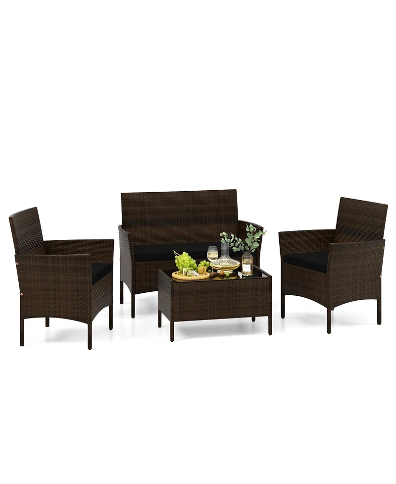Gymax 4 Pcs Outdoor Wicker Furniture Set Patio Rattan Conversation Set w/ Chair Cushions