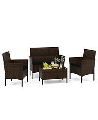 Gymax 4 Pcs Outdoor Wicker Furniture Set Patio Rattan Conversation Set w/ Chair Cushions
