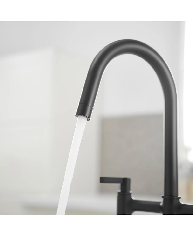 Modern Double Handle 4-Holes Deck Mount Bridge Kitchen Faucet with Side Sprayer Sink Faucet 360 Swivel Spout in Black