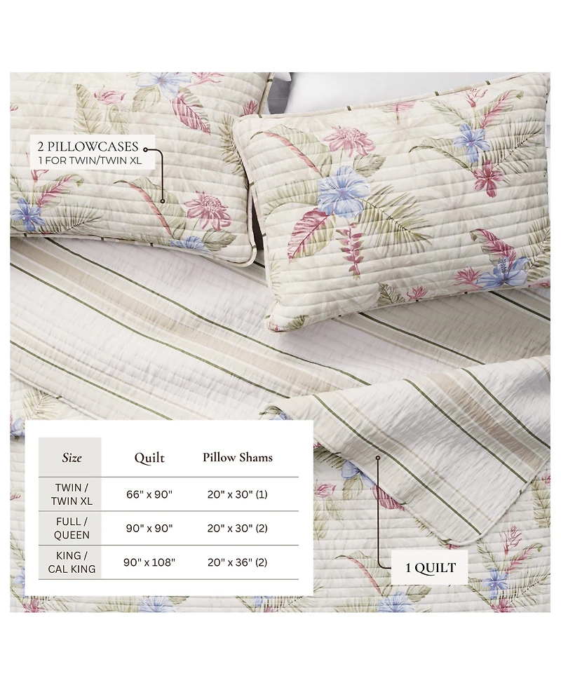 Linery & Co. Cotton Stitched Reversible Tropical Palm 3 Piece Quilt and Sham Set