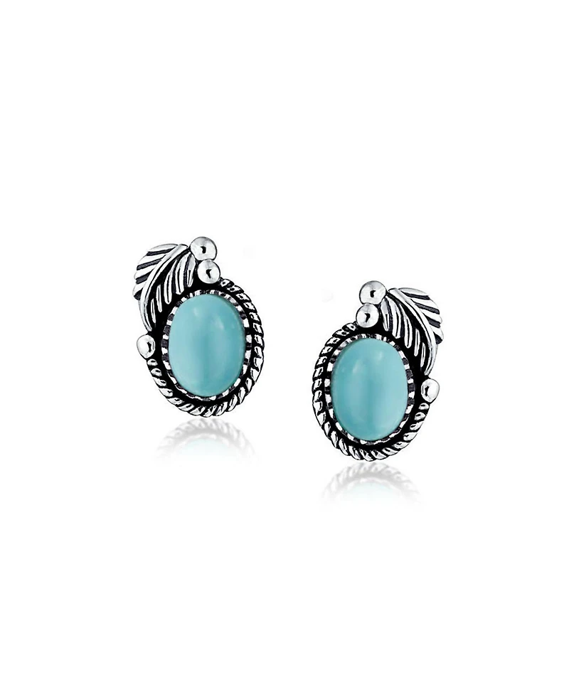 Bling Jewelry Native American Style Natural Larimar Round Bezel Leaf Rope Edged Stud Earrings Western Jewelry Oxidized .925 Sterling Silver