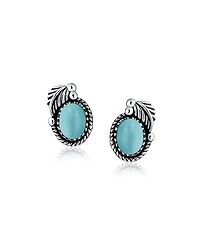 Bling Jewelry Native American Style Natural Larimar Round Bezel Leaf Rope Edged Stud Earrings Western Jewelry Oxidized .925 Sterling Silver