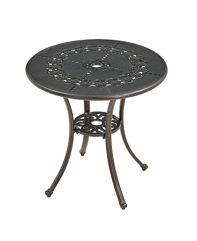 25 Inches Outdoor Bistro Table with Umbrella Hole Cast Aluminium Patio Dining Round Table, Bronze