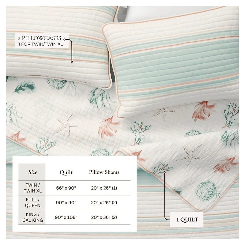 Linery & Co. Cotton Stitched Reversible Coastal Quilt and Sham Set