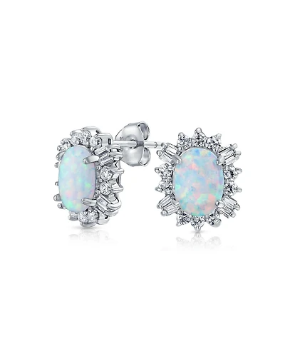 Bling Jewelry Estate Style Jewelry Oval Created Opal Crown Baguette Halo Cz Stud Earrings .925 Sterling Silver 12MM