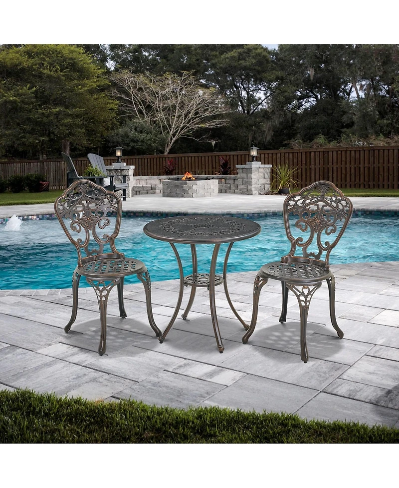 Bistro Table and Chairs Set of 3 Outdoor Bistro Set 3 Piece Cast Aluminum Patio Dining Set Round Patio Table with Umbrella Hole, Bronze