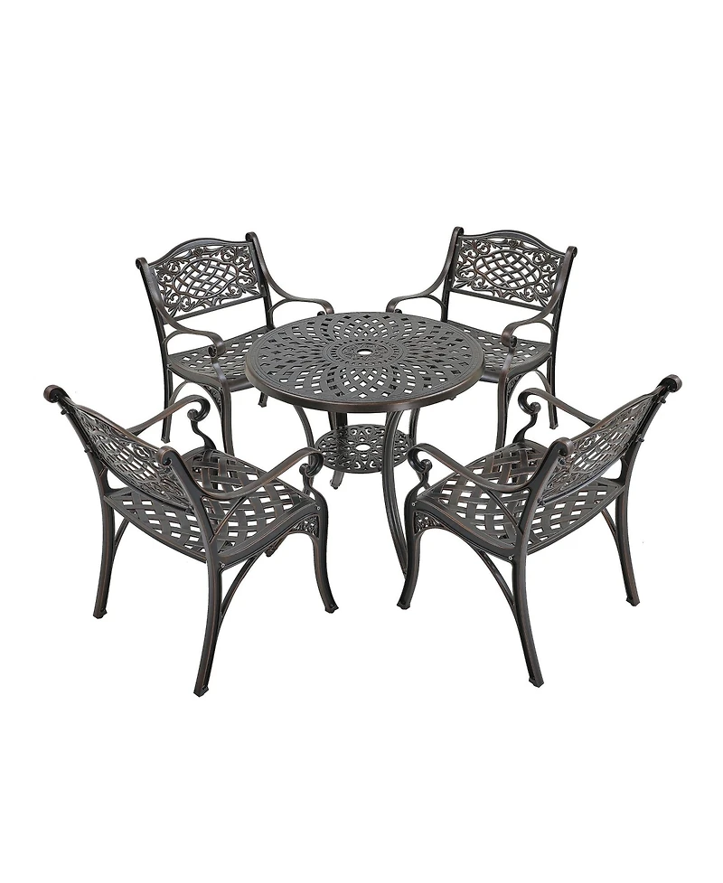 5-Piece Cast Aluminum Outdoor Dining Set Patio Table with Umbrella Hole Chairs Bronze