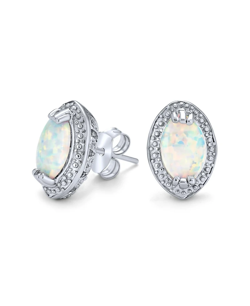 Bling Jewelry Traditional Victorian Style White Oval Created Opal Stud Earrings .925 Sterling Silver Halo