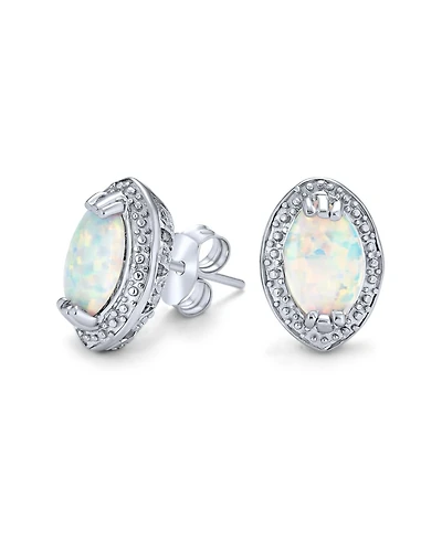 Bling Jewelry Traditional Victorian Style White Oval Created Opal Stud Earrings .925 Sterling Silver Halo