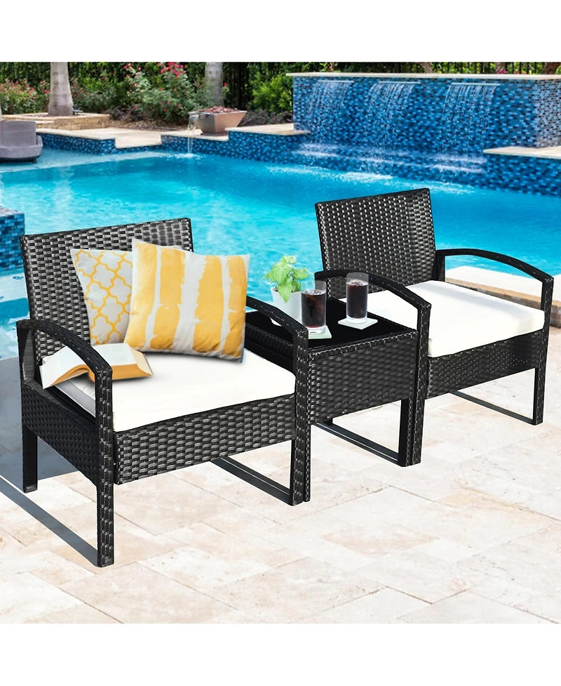 Gymax 3 Piece Patio Rattan Furniture Set Conversation Sofa w/ Cushions