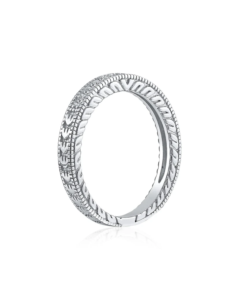 Bling Jewelry Pave Cz Cubic Zirconia Thin Band Ring Etched Milgrain .925 Sterling Silver