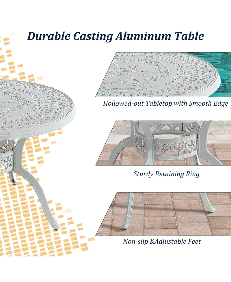 5-Piece Cast Aluminum Outdoor Dining Set Patio Table with Umbrella Hole Outdoor Swivel Rockers Patio Dining Chairs in White