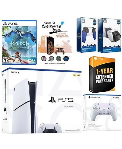 Sony Playstation 5 Slim Disc with Horizon Forbidden West, Extra Controller, Trigger Stop Kit, Charge Dock and MightySkins Decal Voucher + 1 Year Cps E