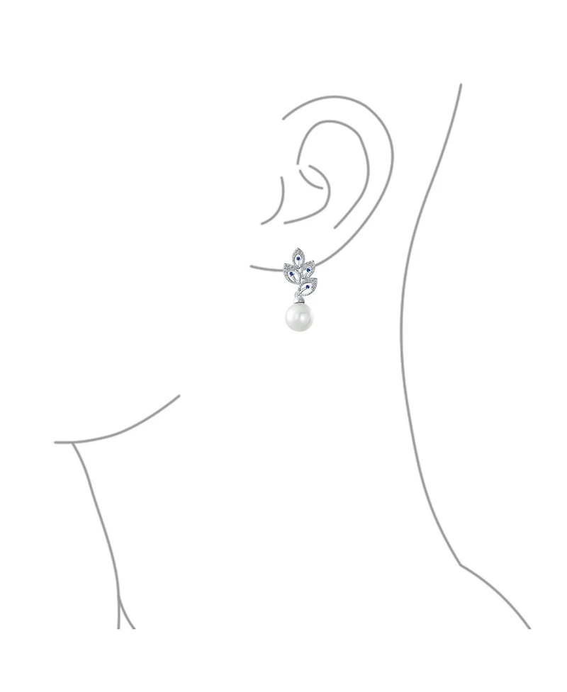 Bling Jewelry Statement Pave Cz Cubic Zirconia Leaf White Simulated Pearl Drop Earrings Silver Plated