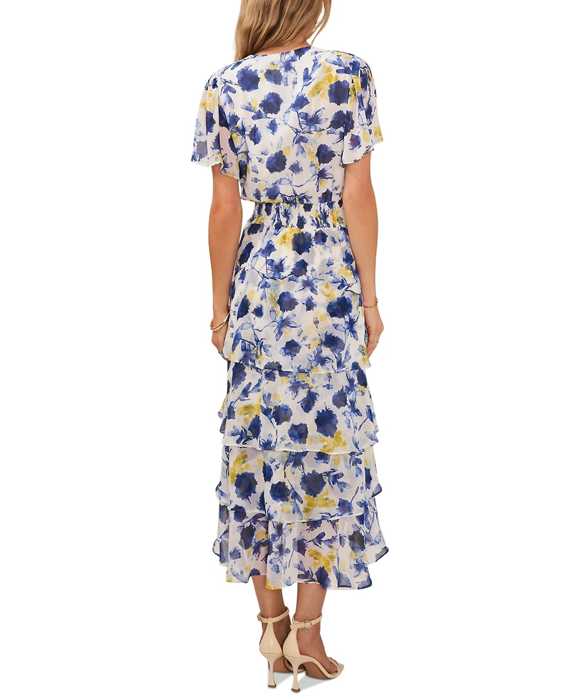 Vince Camuto Women's Smocked Waist V-Neck Tiered Midi Dress