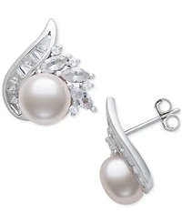 Belle de Mer Cultured Freshwater Pearl (8-9mm) & Lab Created White Sapphire (2 ct. t.w.) Mixed Cut Swirl Stud Earrings in Sterling Silver
