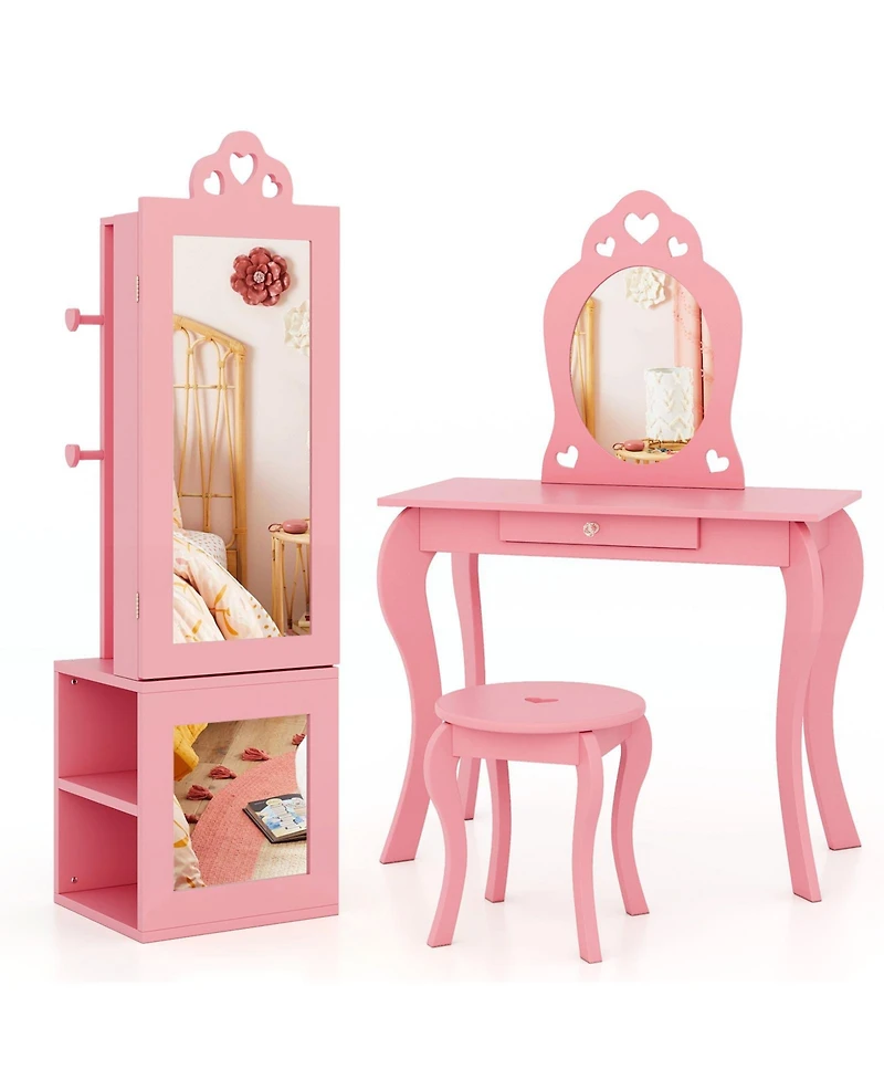 3-in-1 Freestanding Kids Jewelry Cabinet Armoire with Full Length Mirror