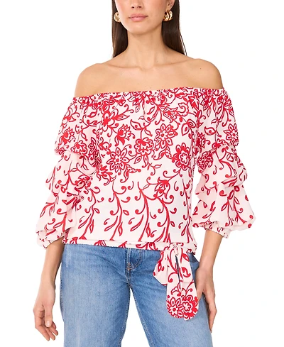 Vince Camuto Women's Floral Off The Shoulder Bubble Sleeve Tie Front Blouse