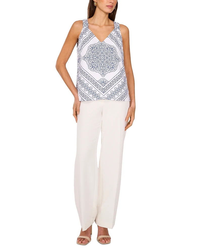 Vince Camuto Women's Linen-Blend V-Neck Printed Sleeveless Top