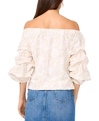 Vince Camuto Women's Floral Embroidered Off-The-Shoulder Bubble 3/4-Sleeve Tie-Front Blouse