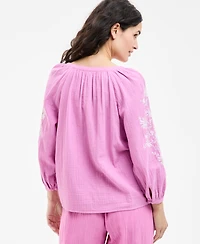 Style & Co Women's Cotton Gauze 3/4-Sleeve Embroidered Top, Exclusively at Macy's