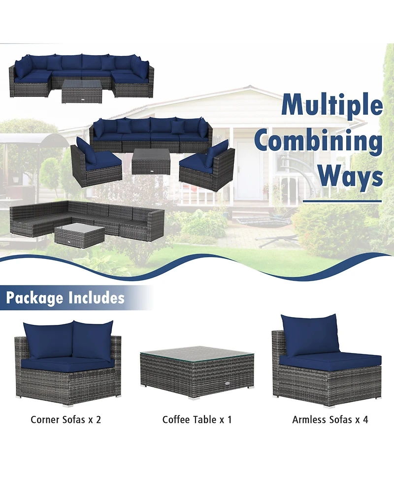 Gymax 7PCS Patio Rattan Sectional Sofa Set Outdoor Furniture w/ Cushions