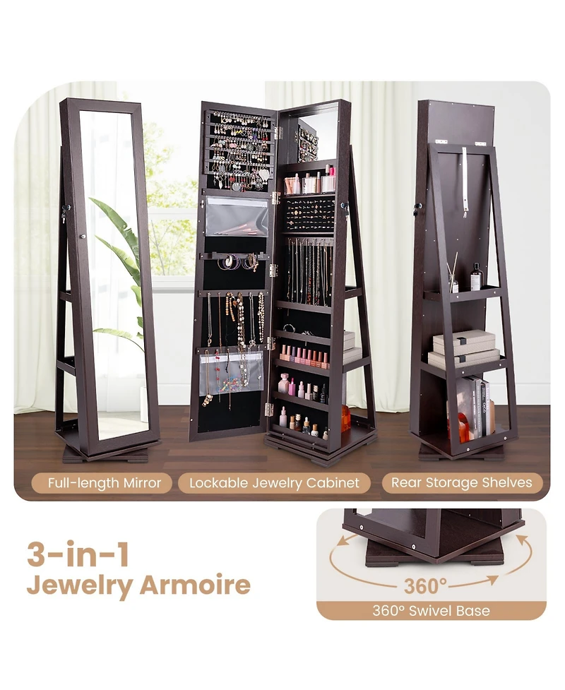 360° Rotatable 2-in-1 Lockable Jewelry Cabinet with Full-Length Mirror