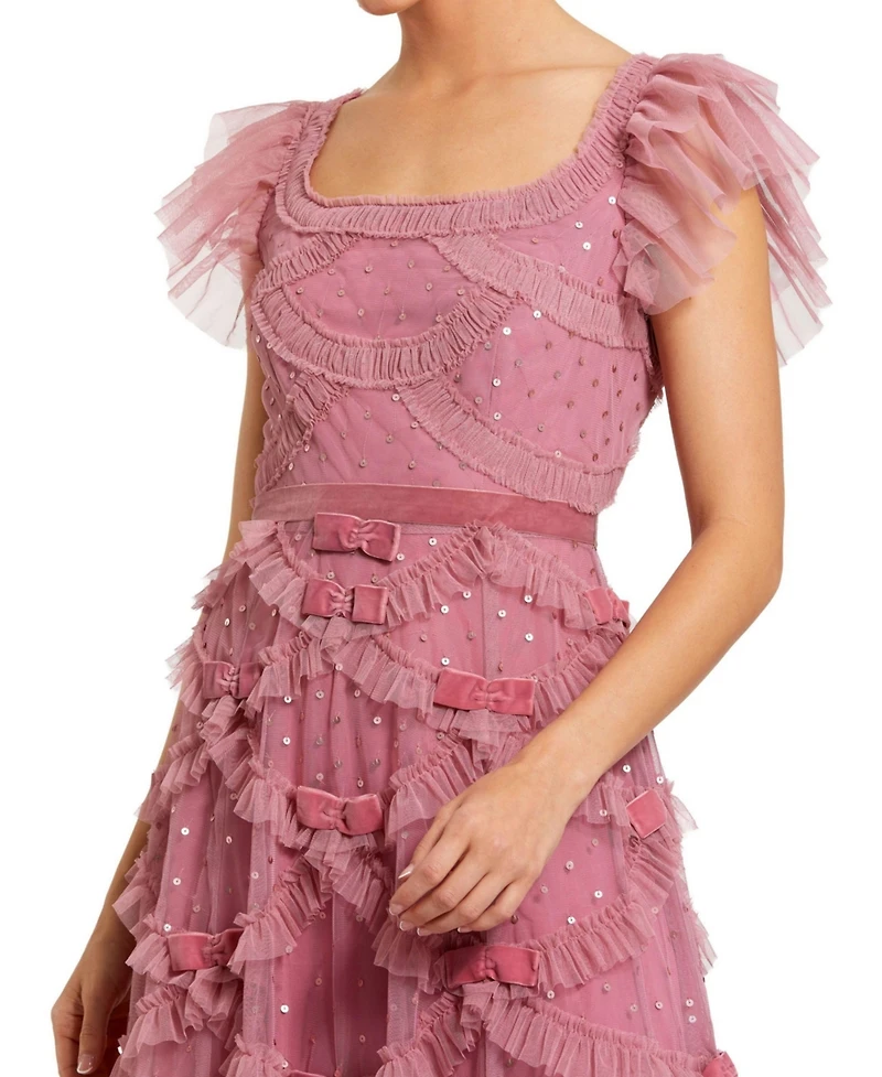 Mac Duggal Women's Dot Net Sequin Ruffle Sweetheart Neck Midi Dress