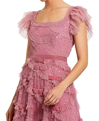 Mac Duggal Women's Dot Net Sequin Ruffle Sweetheart Neck Midi Dress