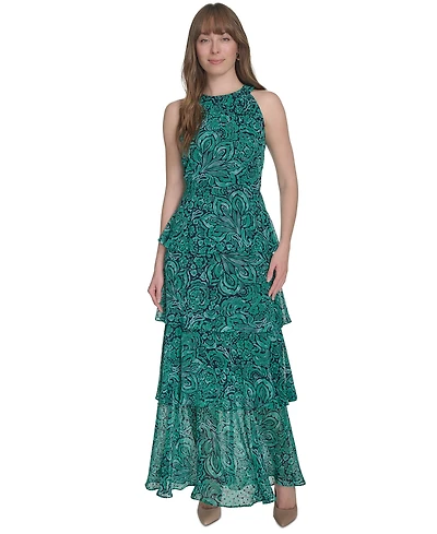 Tommy Hilfiger Women's Floral-Print Halter-Neck Tiered Sleeveless Dress