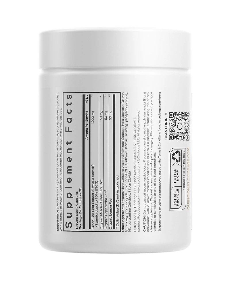 Codeage Liposomal Green Tea+ Ultra Potency - Egcg 90% Green Tea Extract, Matcha Green Tea Powder, Peppermint, Lemon Peel - Non-gmo, Gluten-Free