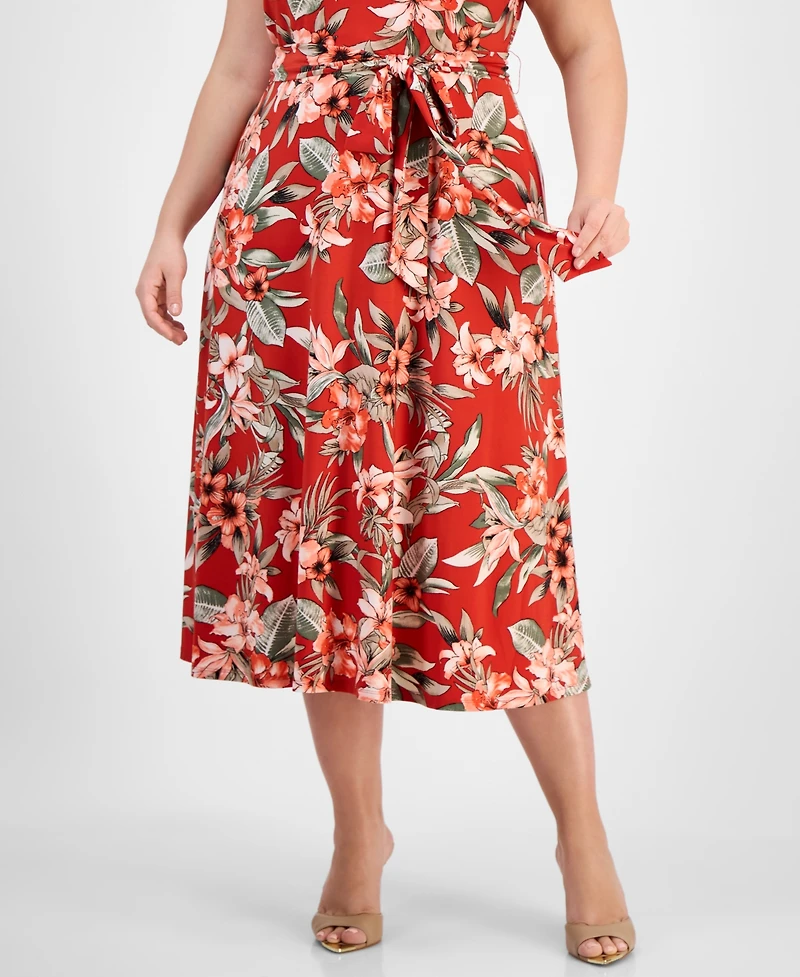Kasper Plus Pleated Keyhole-Neck Belted Midi Dress