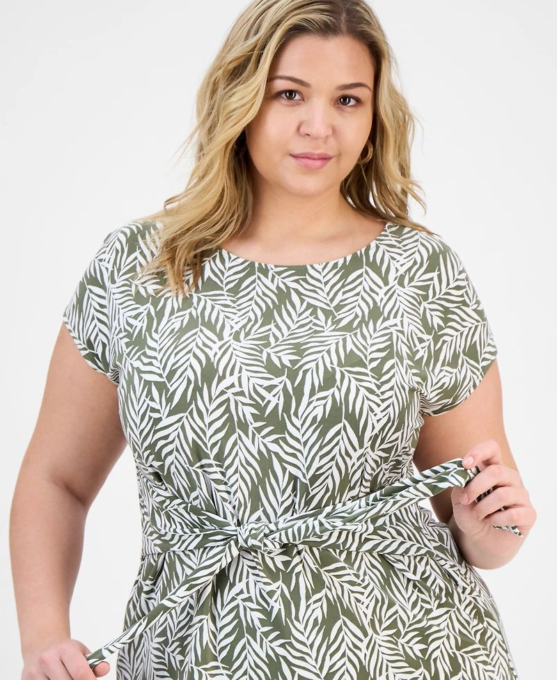 Kasper Plus Printed Tie-Waist Cap-Sleeve Top