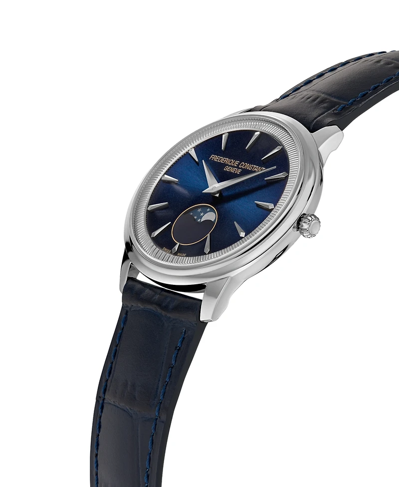 Frederique Constant Men's Swiss Moneta Moonphase Navy Leather Strap Watch 37mm