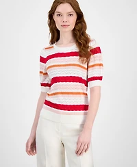 T Tahari Women's Pointelle Striped Crewneck Sweater