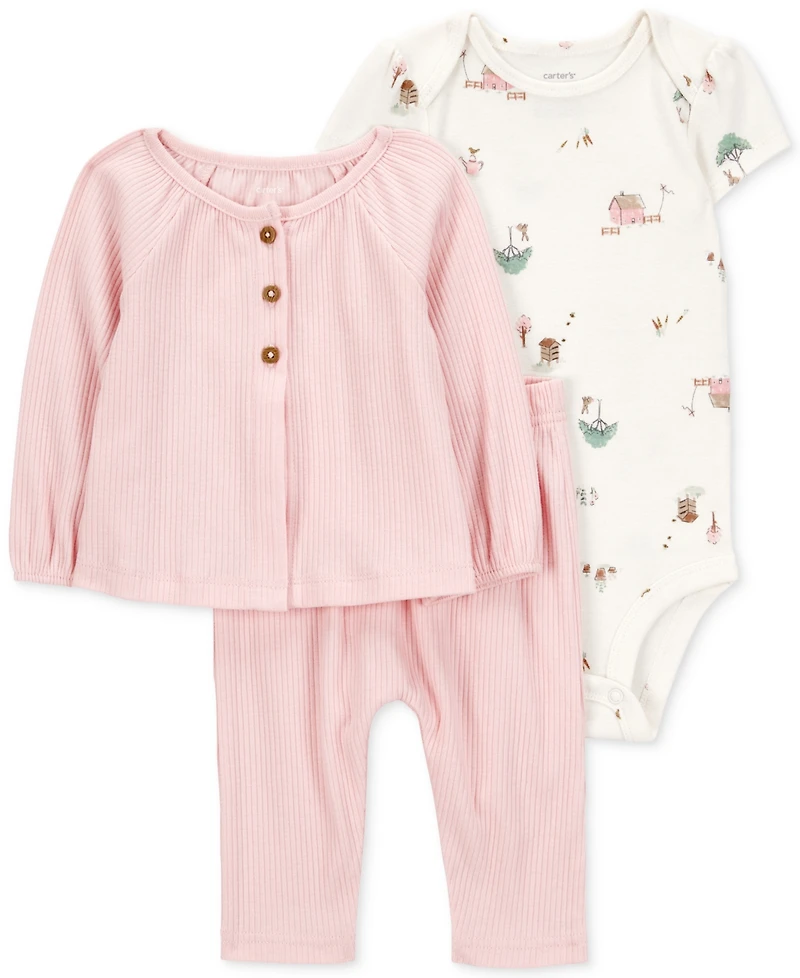 Carter's Baby Girls Cardigan, Barn-Print Bodysuit & Pants, 3 Piece Set