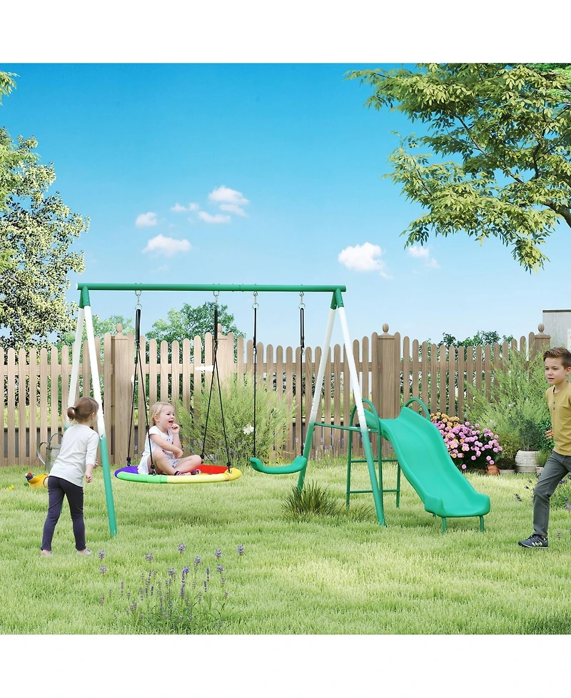 Qaba Metal Swing Set with Slide, Heavy Duty Swing Set,