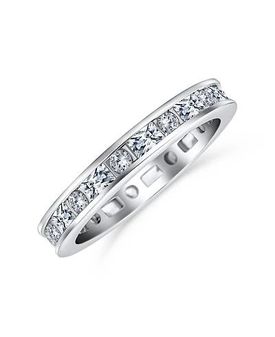 Bling Jewelry Minimalist Thin Pave Round Baguette Stackable Eternity Band Ring .925 Sterling Silver 2MM