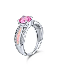 Bling Jewelry Unique Pink Cz Round Solitaire Promise Ring .925 Sterling Silver Created Opal Inlay Wide Band