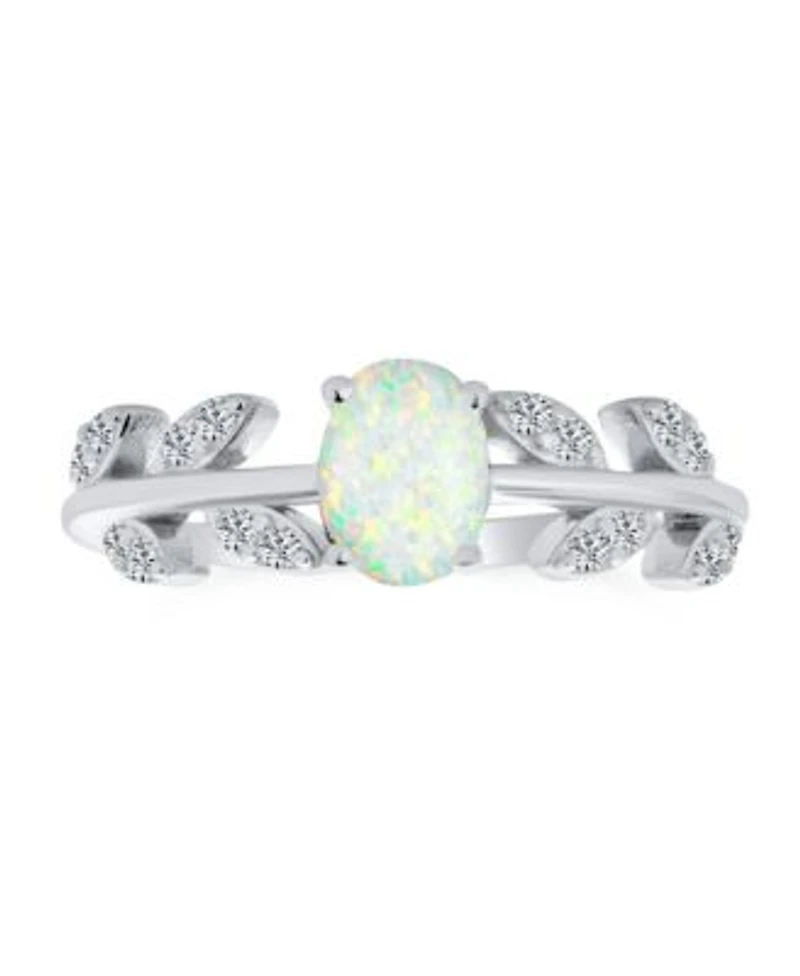 Bling Jewelry Dainty Oval White Created Opal Center Cubic Zirconia Open Leaves Leaf Cz Accent Ring .925 Sterling Silver
